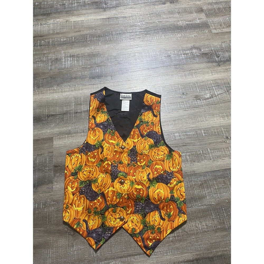 Basic Editions Vintage Kids Halloween Vest Cats Pumpkins Cotton Youth Small